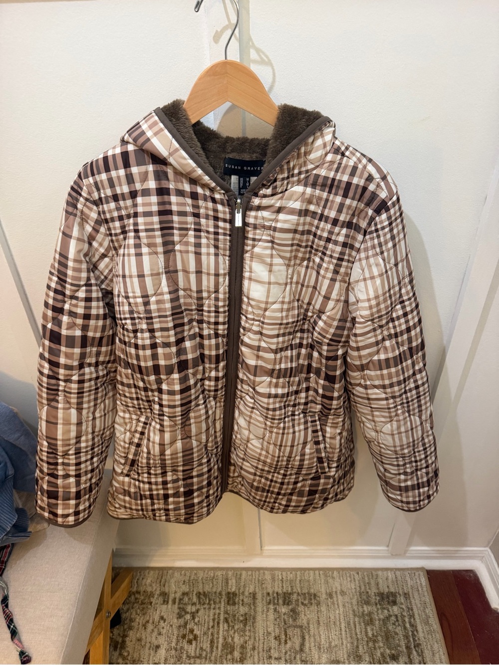 Susan Graver Plaid REVERSIBLE Hooded Puffer Jacket in Brown and Cream